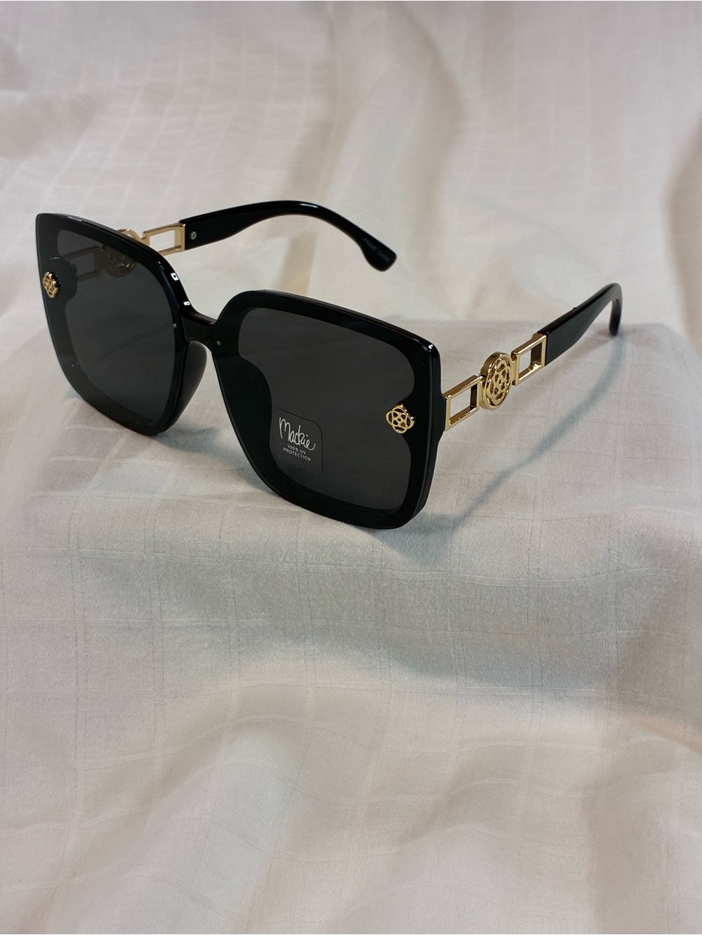 Makie Black Square Sunglasses with Gold Emblem Accents